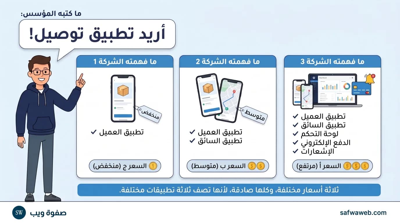 رسم توضيحي: مؤسس يقول «أريد تطبيق توصيل!» وثلاث شركات تفهم الجملة بثلاث طرق: تطبيق للعميل فقط بسعر منخفض، ثم تطبيق للعميل وتطبيق للسائق بسعر متوسط، ثم التطبيقان مع لوحة التحكم والدفع الإلكتروني والإشعارات بسعر مرتفع