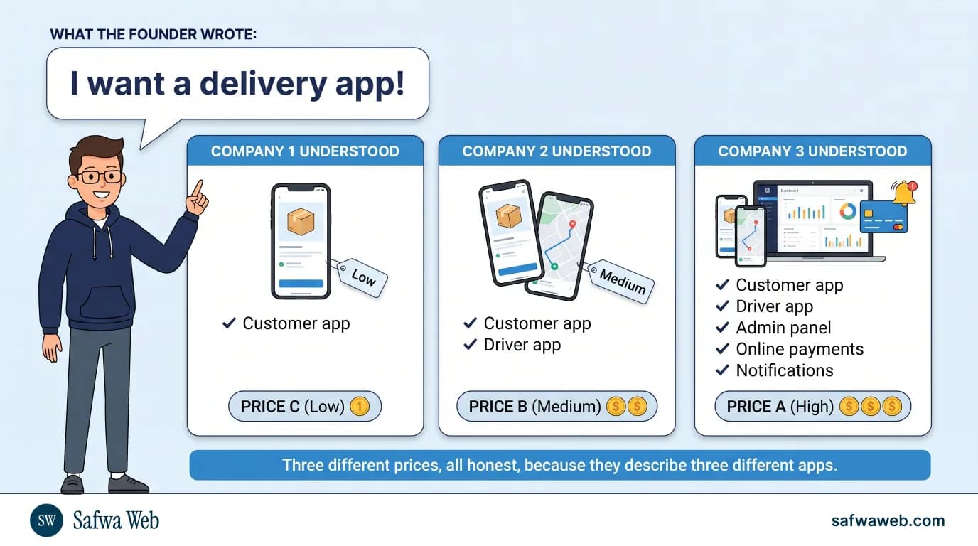 Infographic: a founder says “I want a delivery app!” and three companies understand it three ways: a customer app only at a low price, customer and driver apps at a medium price, and both apps plus an admin panel, online payments and notifications at a high price