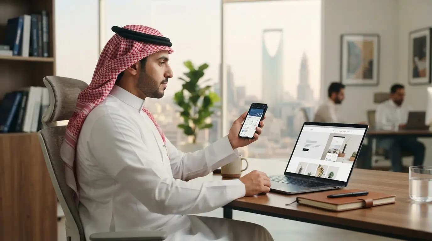 صاحب مشروع سعودي يقارن بين موقع إلكتروني على شاشة اللابتوب وتطبيق جوال على هاتفه قبل اتخاذ قراره