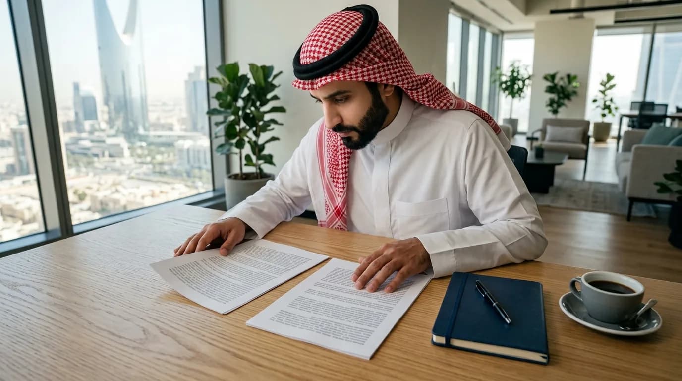 صاحب عمل سعودي يقارن بين عرضَي تصميم موقع إلكتروني على مكتبه وخلفه أفق الرياض قبل التوقيع