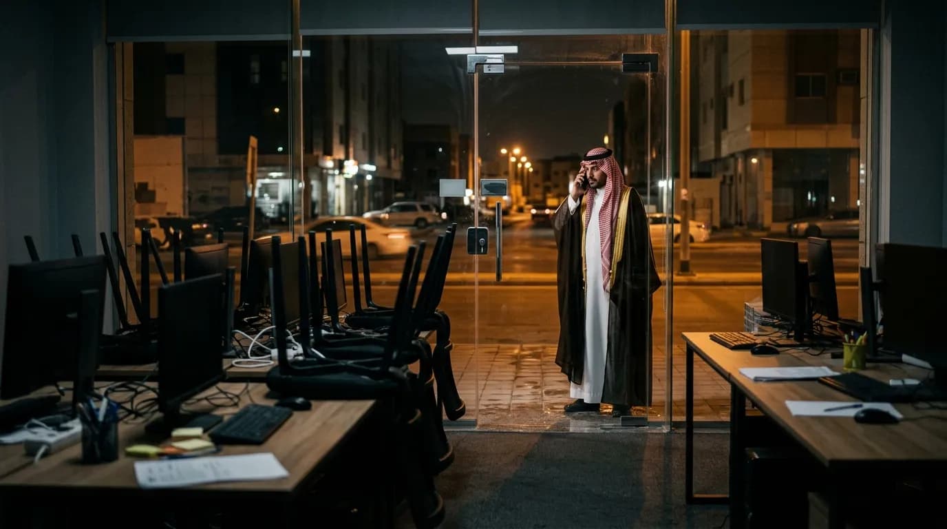 Saudi business owner on the phone outside his web agency’s abandoned office at night — chairs stacked, screens off, nobody answering