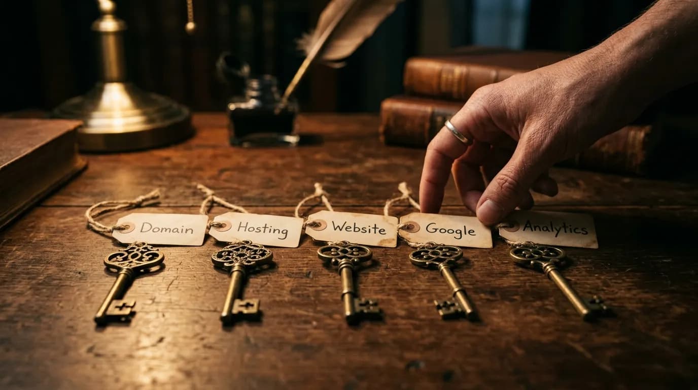 Five keys on a desk labelled domain, hosting, website, Google, and analytics — a hand reaching to take them back