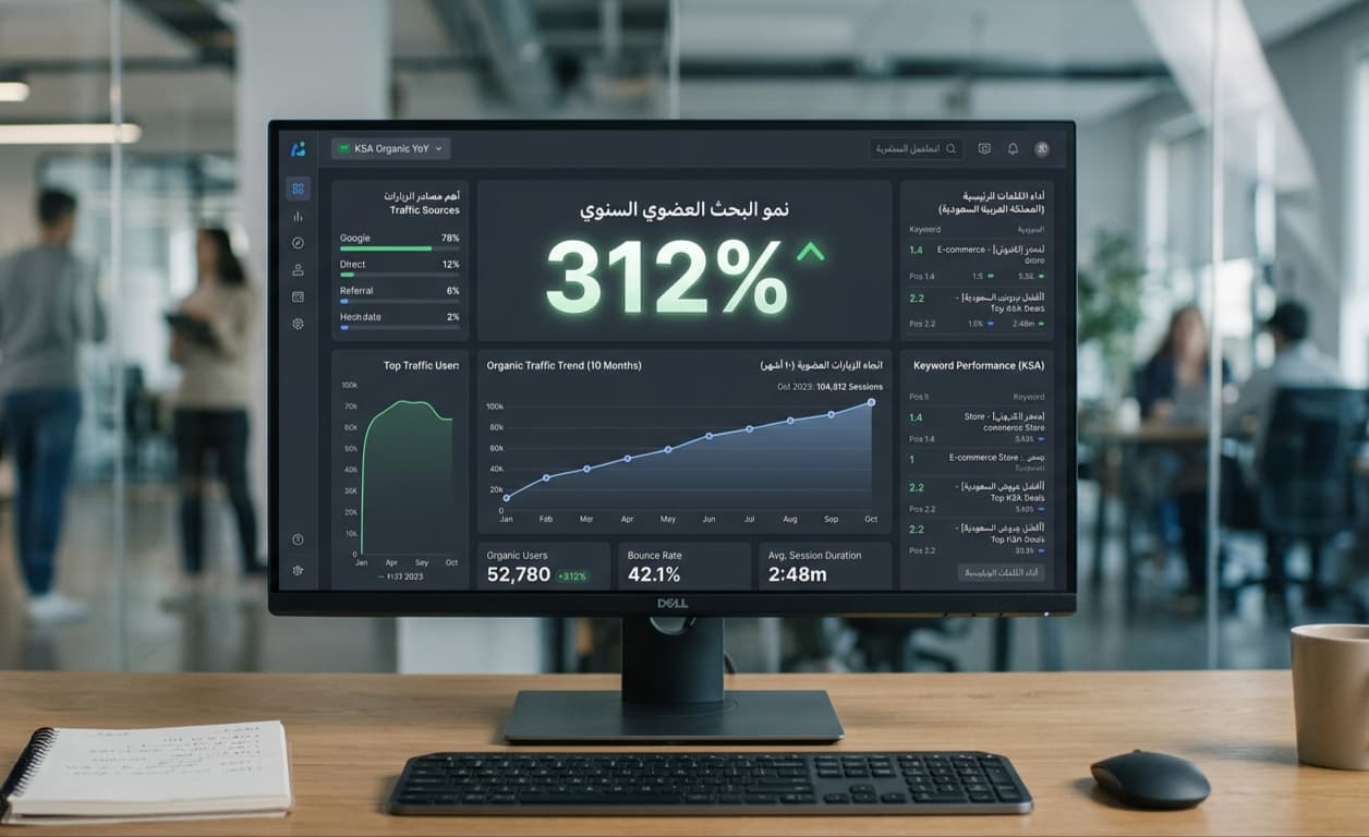 Saudi real estate developer website redesign — 312% organic traffic growth case study by Safwa Web