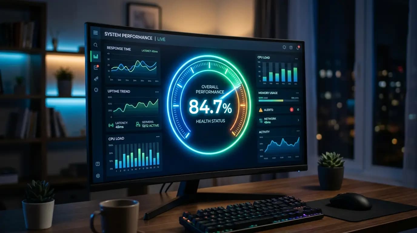 Performance dashboard with a glowing score gauge — Next.js development company in Saudi Arabia, Safwa Web