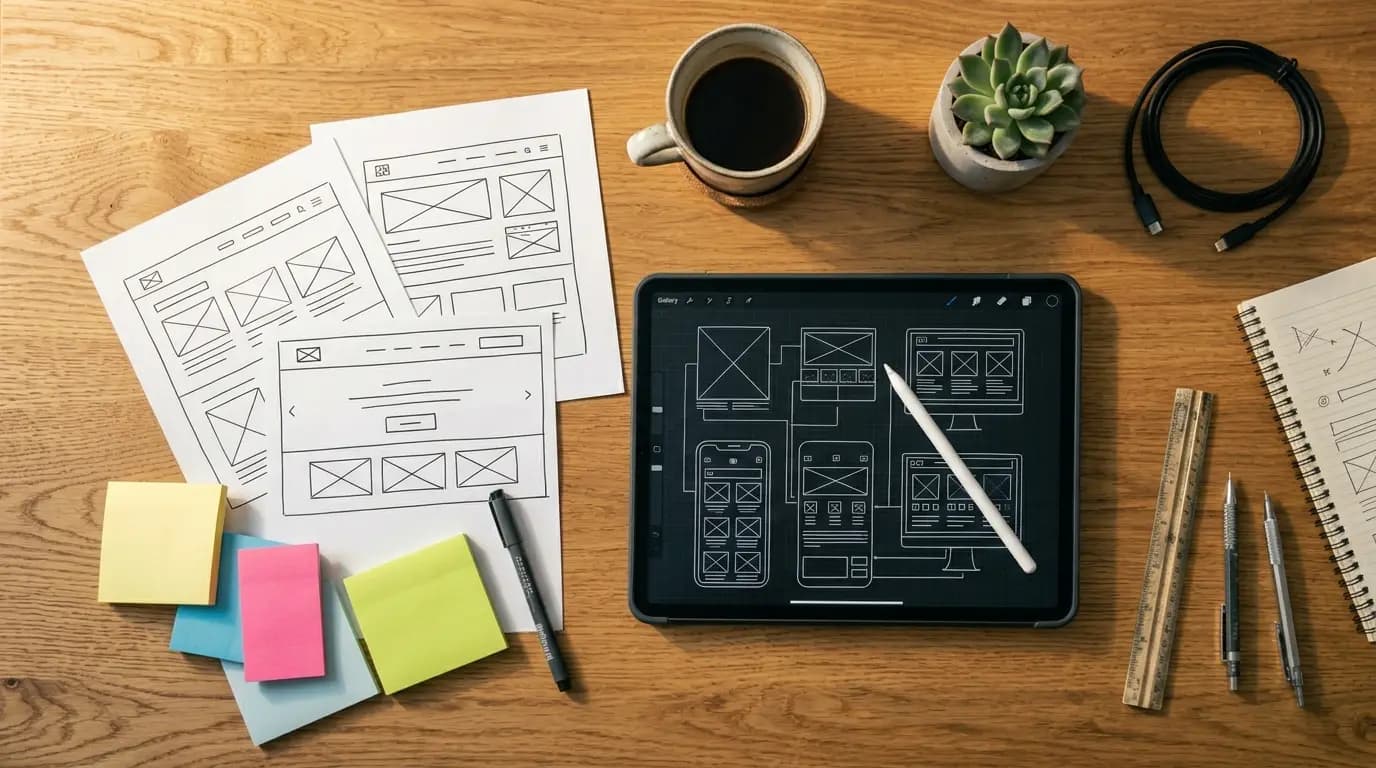 مخططات ورقية ونموذج أولي على جهاز لوحي فوق مكتب مصمم — خدمات تصميم UI/UX في السعودية، صفوة ويب