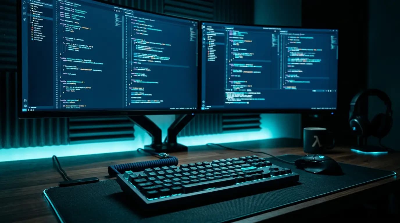 Developer workstation with code on dual monitors — web development company in Saudi Arabia, Safwa Web