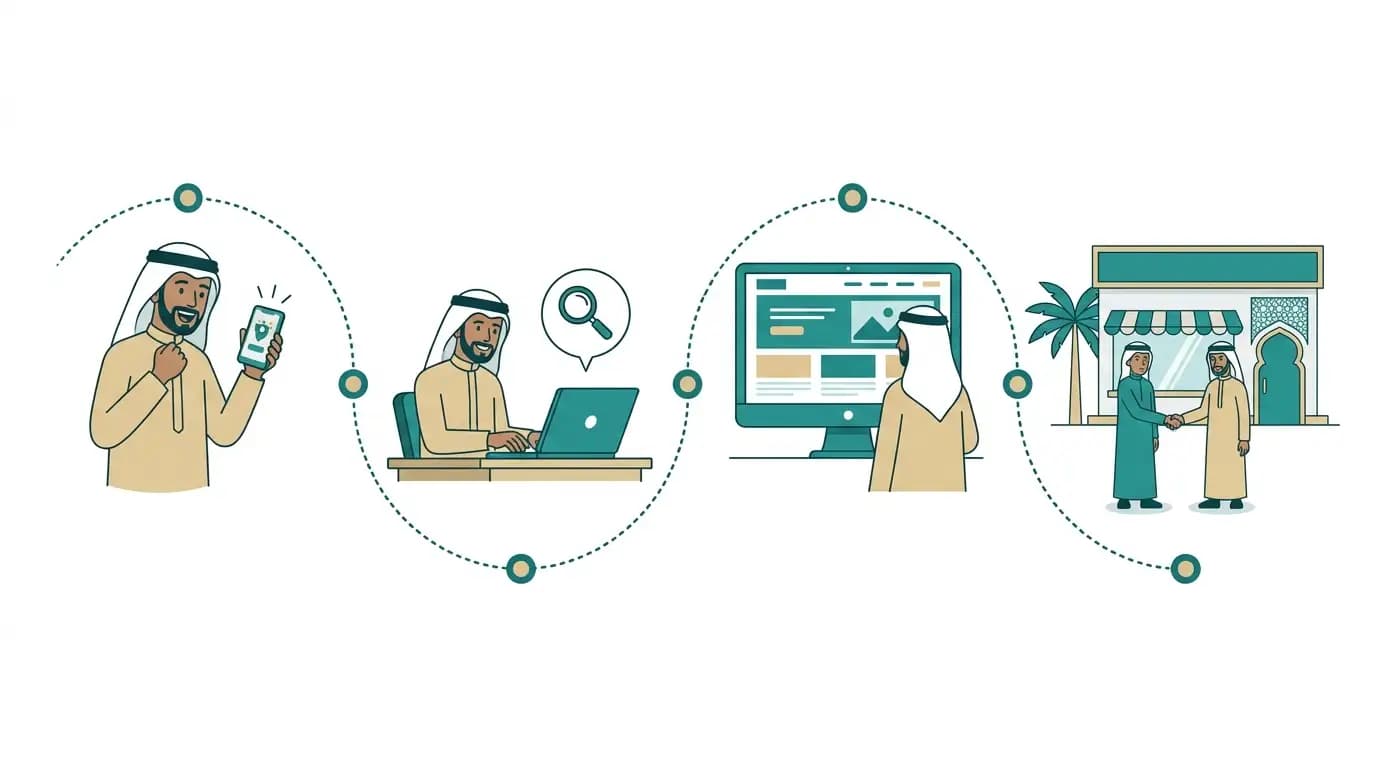 Customer journey from discovering a business on social media to searching Google and contacting the company
