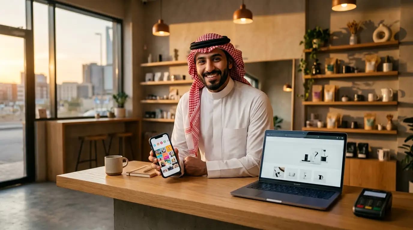 Saudi business owner comparing an Instagram profile on a phone with a business website on a laptop