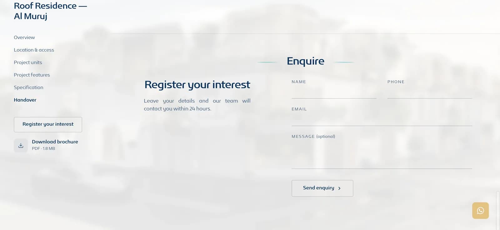 Register your interest form on a Roof project page with name, phone, email and message fields, a side menu, a brochure download and a WhatsApp button