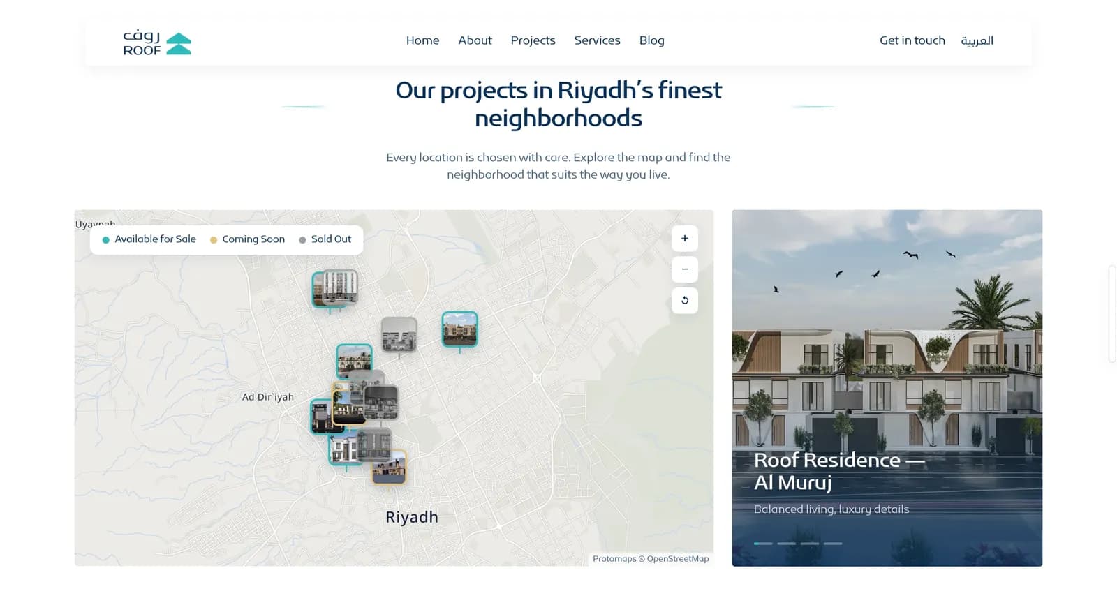 Interactive map of Riyadh on the Roof homepage with project photo pins colour-coded as available for sale, coming soon and sold out