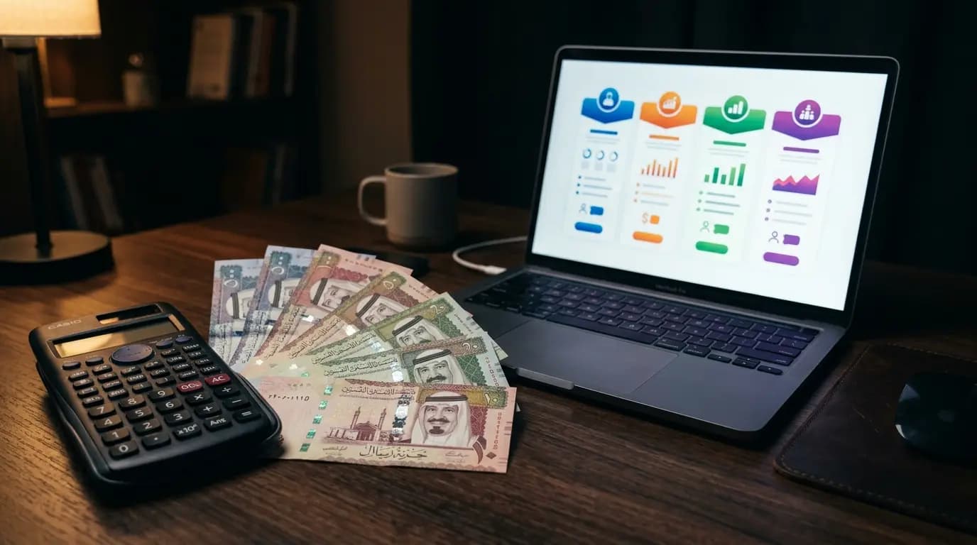 آلة حاسبة وأوراق نقدية بالريال السعودي بجانب حاسوب يعرض جدول أسعار — تكلفة تصميم المواقع في السعودية