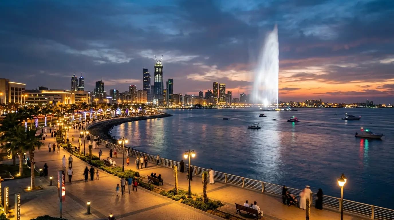 كورنيش جدة عند الغروب — تصميم مواقع لأعمال جدة من صفوة ويب
