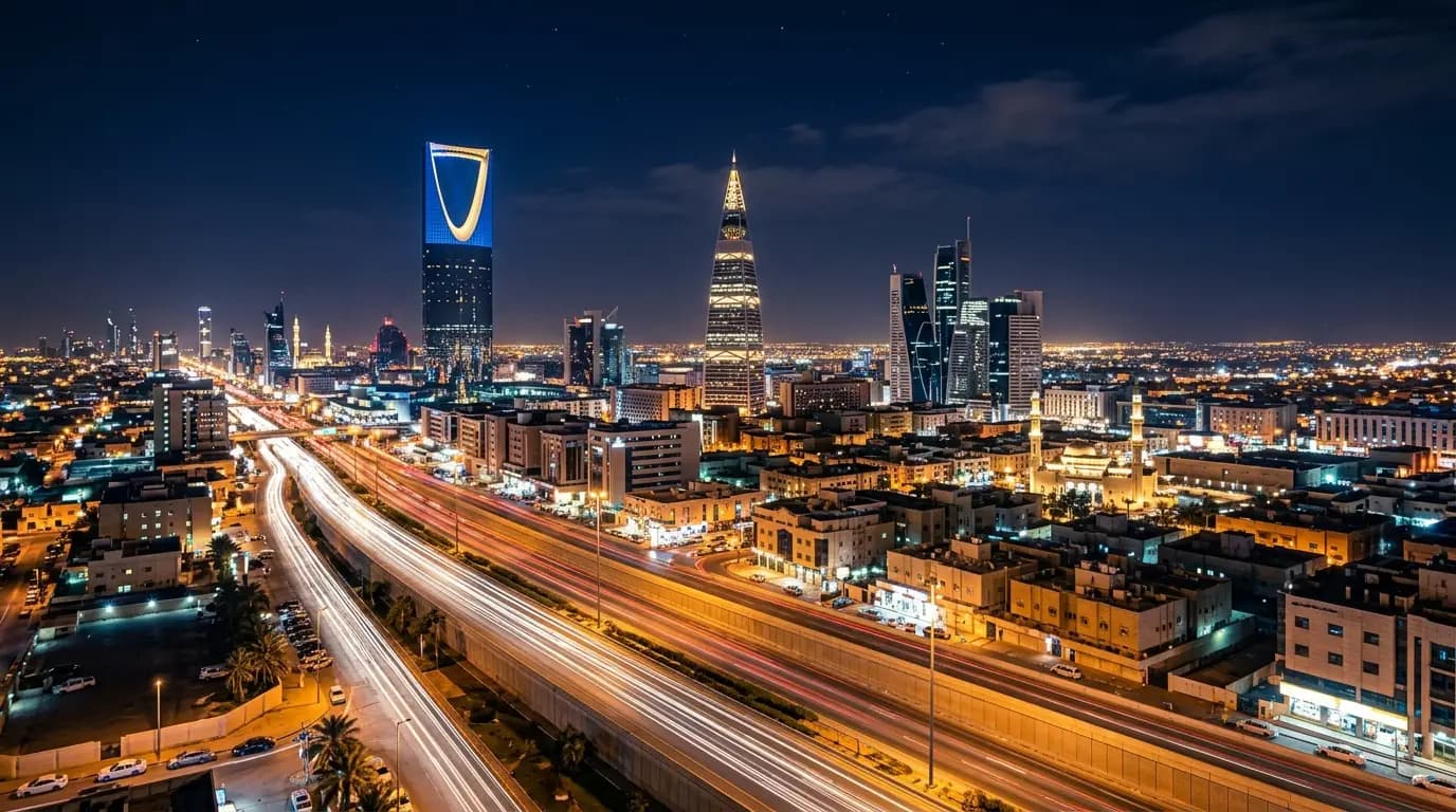 Riyadh skyline at night — web design company in Riyadh, Safwa Web
